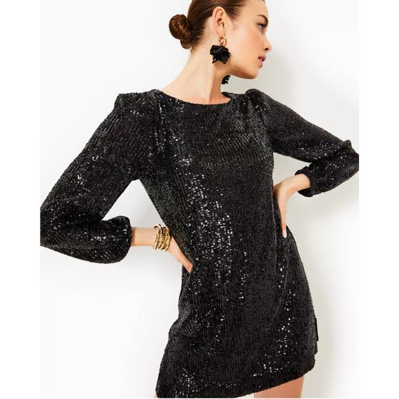 Lilly Pulitzer Sequin Romper Dress SZ 2 Black Long Sleeve NYE Party Sparkly NWT - Picture 1 of 10